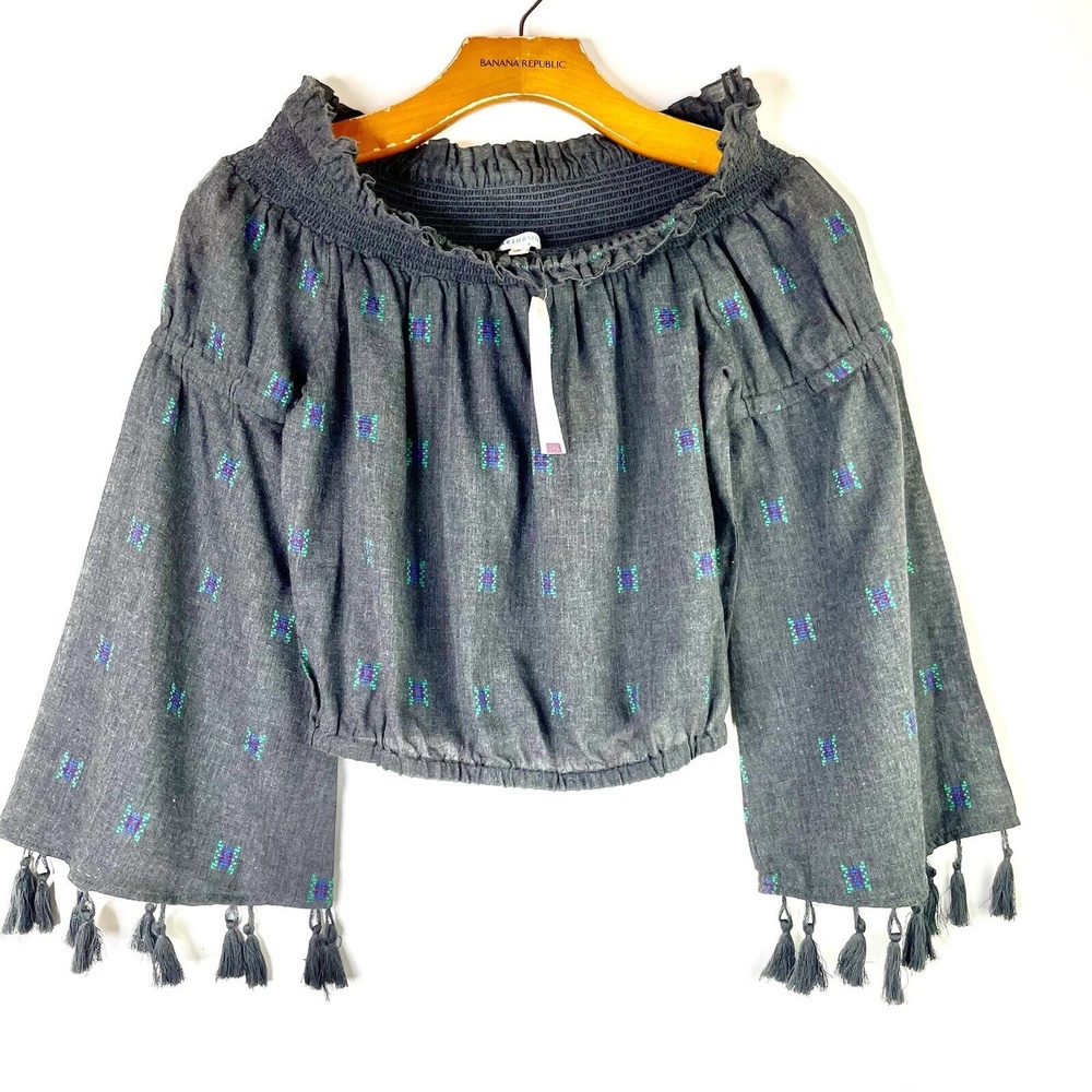 Earthbound Trading Co. Embroidered Cropped Top with Bell Sleeves Tassels Size S
